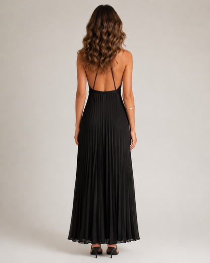 Elara – Pleated Open-Back Maxi Dress